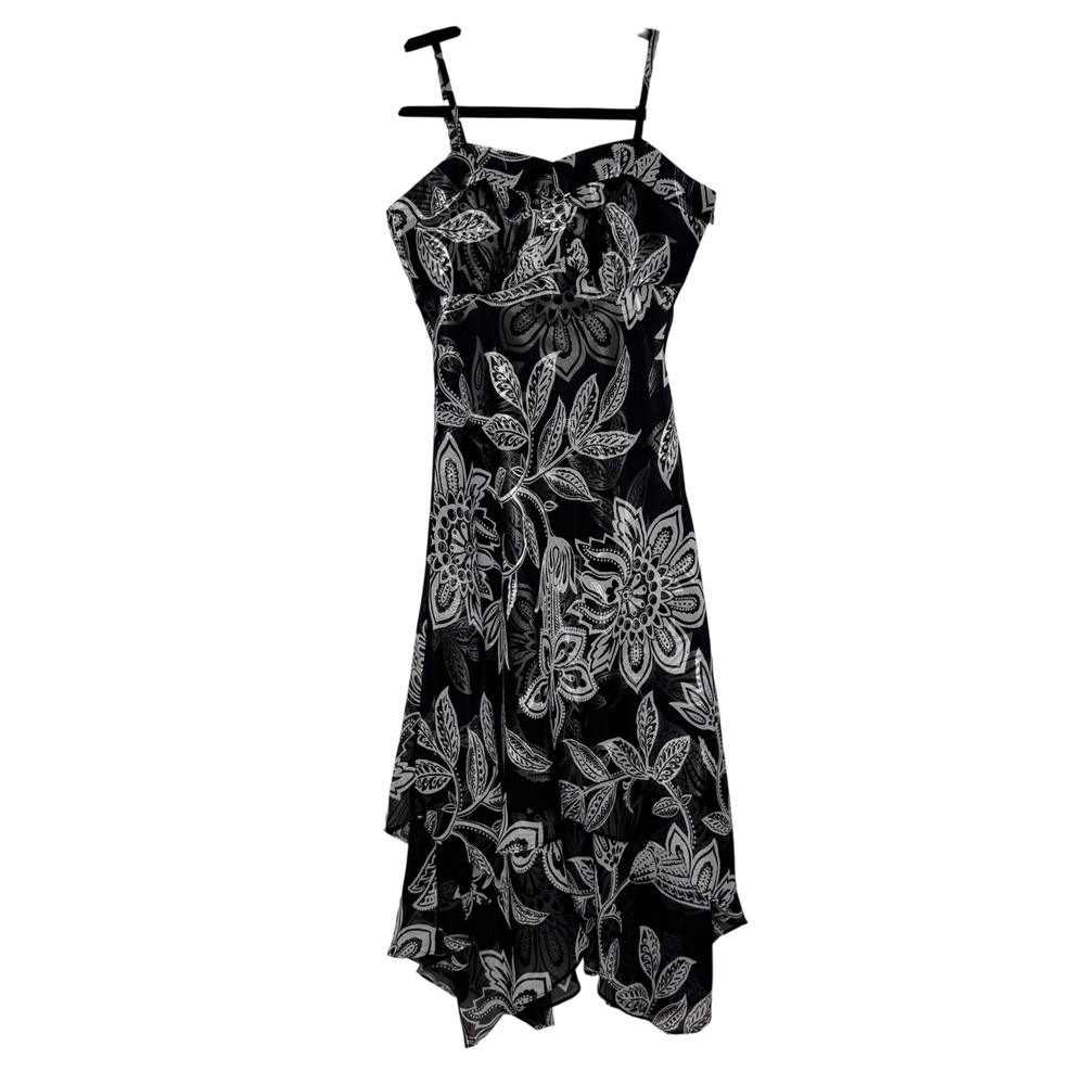 Y2K WHBM Floral Paisley Handkerchief Hem Tea Length Dress Black White 2